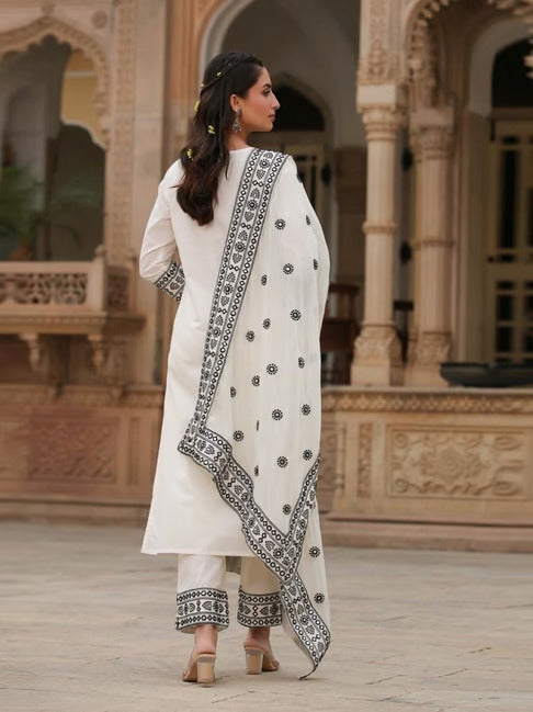 White-black cotton embroidered suit set