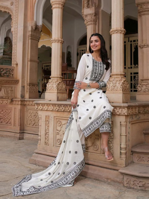 White-black cotton embroidered suit set