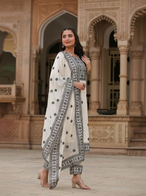 White-black cotton embroidered suit set