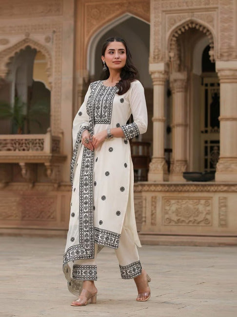 White-black cotton embroidered suit set