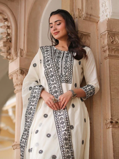 White-black cotton embroidered suit set