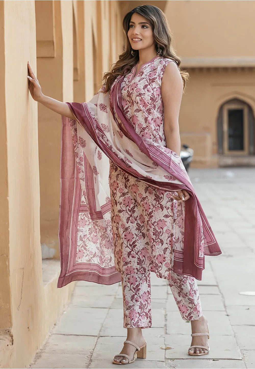 Magenta Floral printed kurta set with dupatta