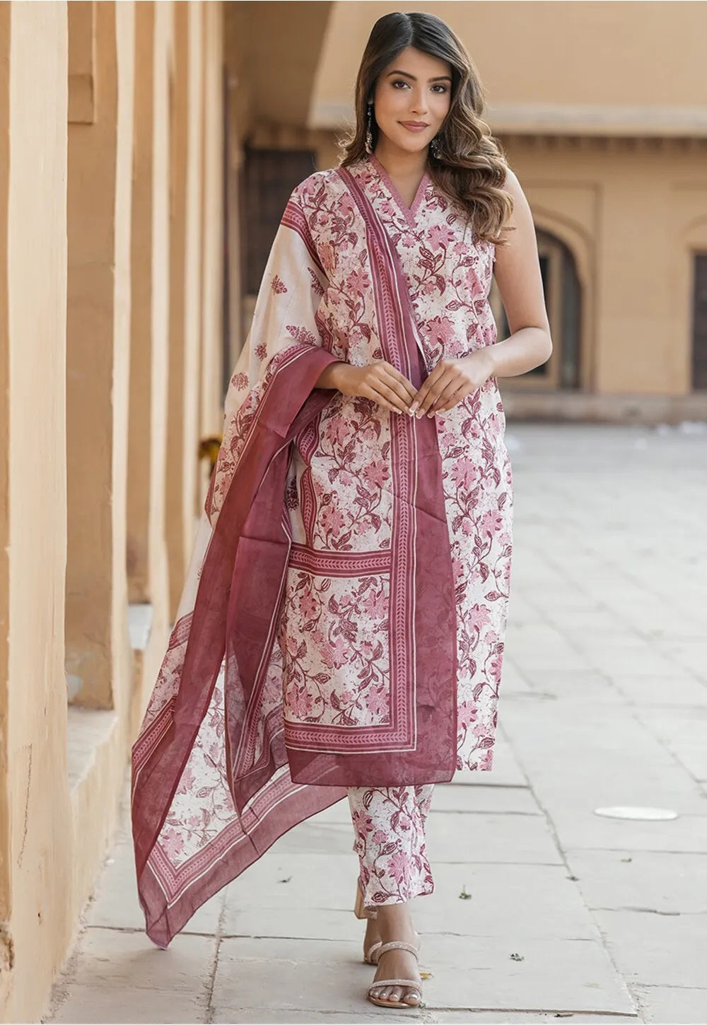 Magenta Floral printed kurta set with dupatta