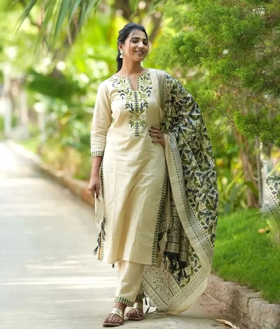 Khadi Cotton Floral Kurta Set with Dupatta