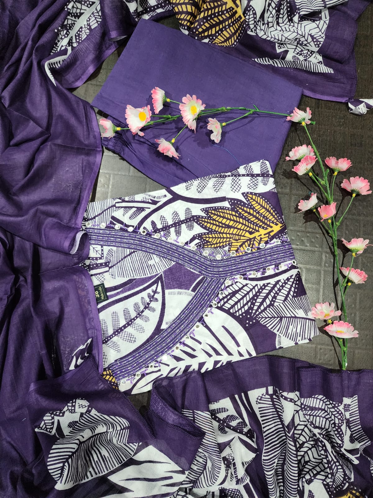 Purple Ethnic Leaf Print Kurta Set with Dupatta