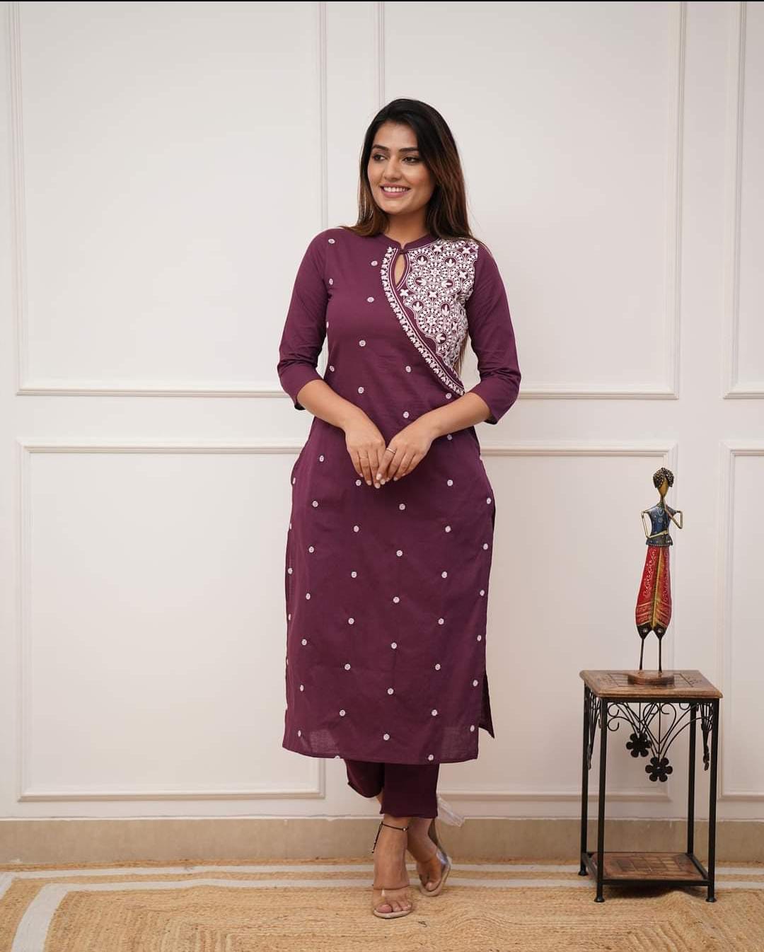 embroidery kurti set for women with keyhole neckline