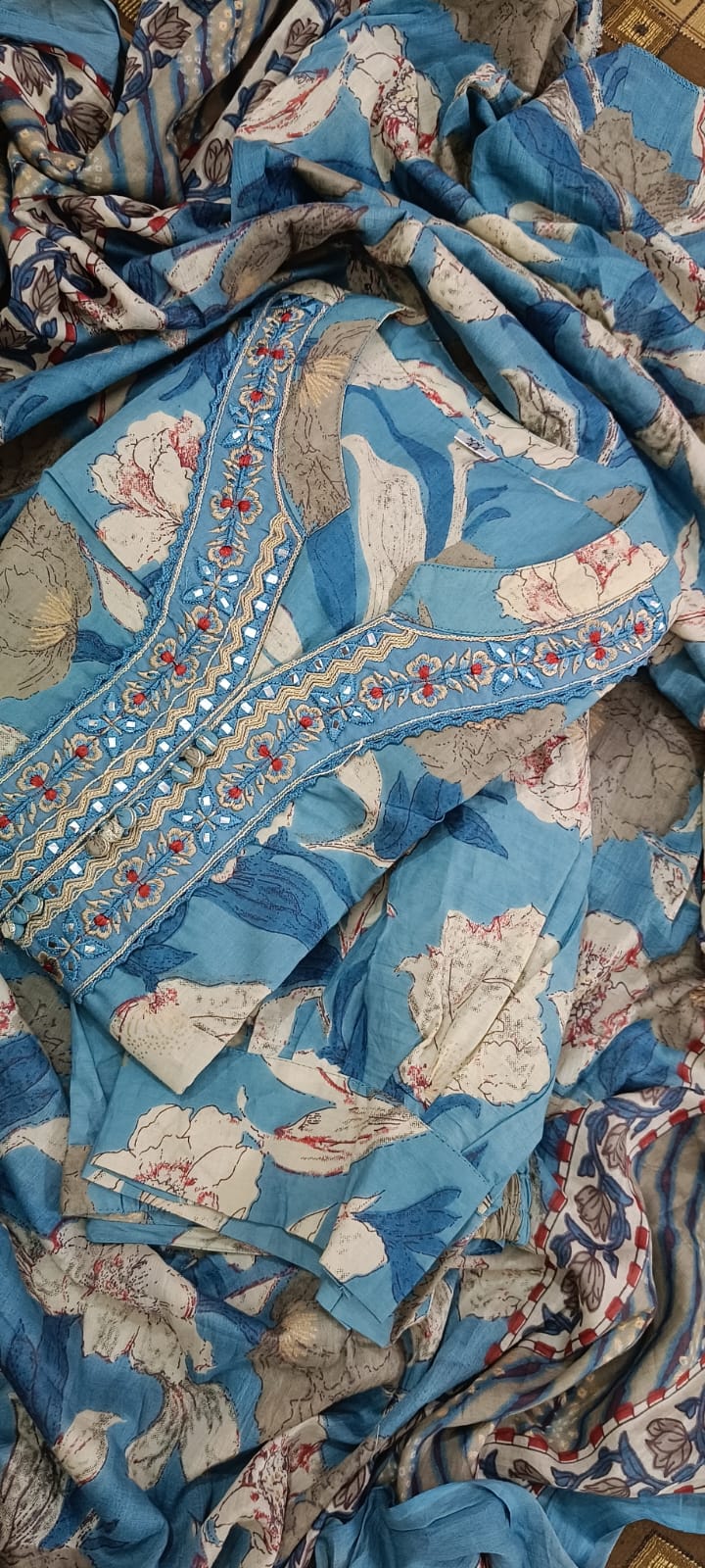 Teal Floral Cotton Suit Set with Dupatta