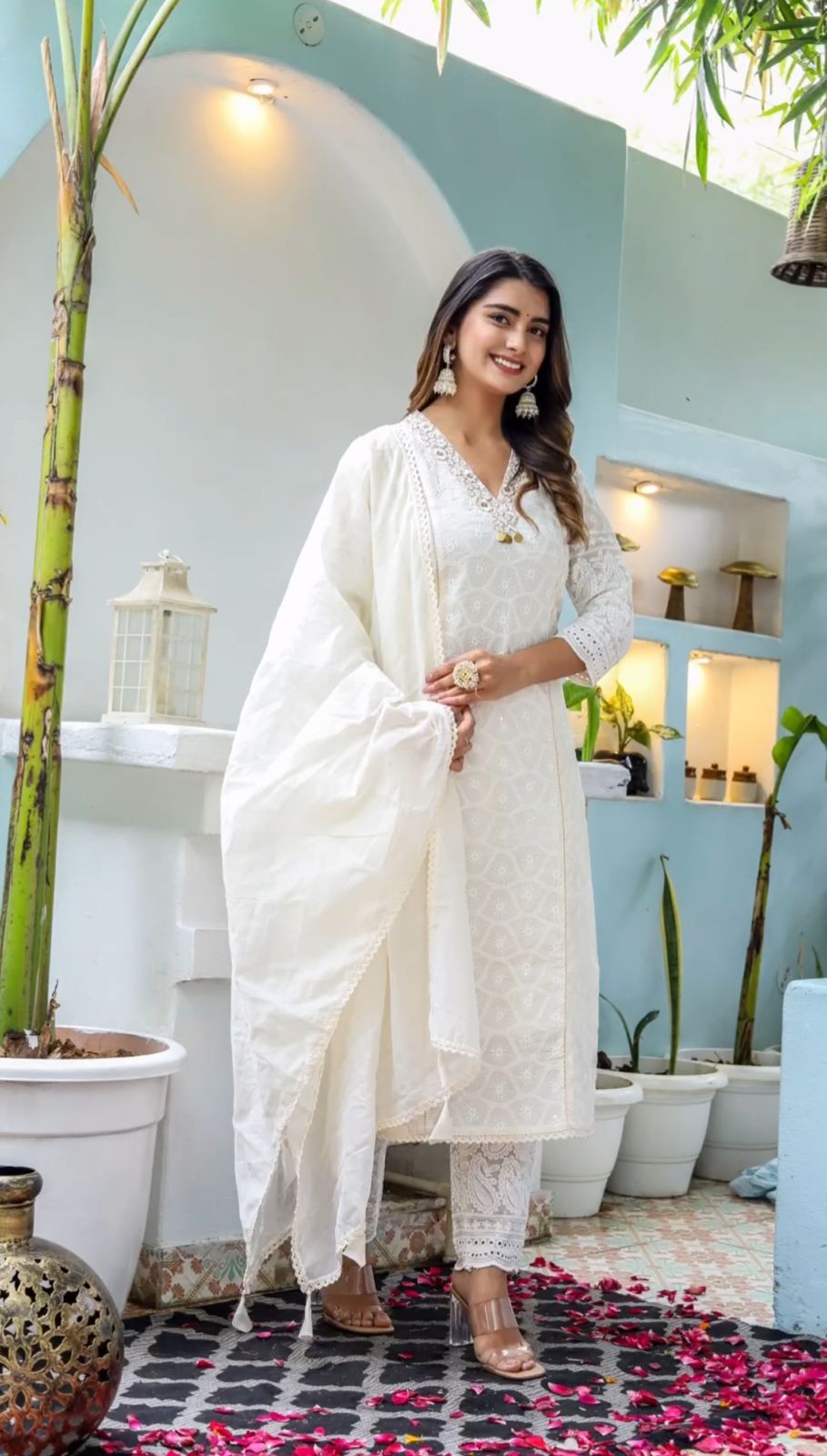 Off-White Chikankari Cotton Kurti with Trendy Pants and Chanderi Dupatta Set