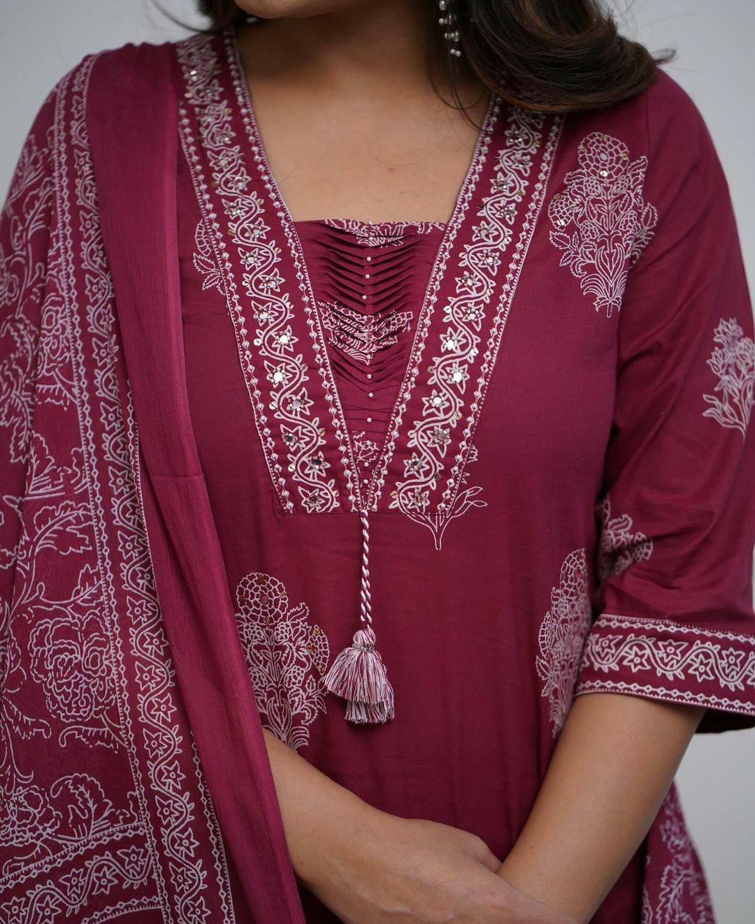 Maroon Hand Work Kurti Pant with Malmal Dupatta - wear&style