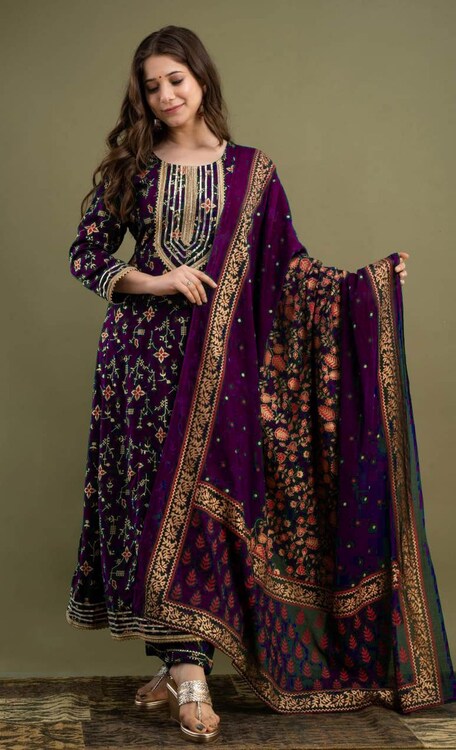 Wine Floral Embroidered Anarkali Suit Set with Golden Detailing